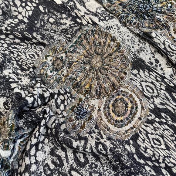 Soft Surroundings Blue & White Knit Boho Pattern Beaded Kimono Wrap W Fringe OS - Picture 7 of 8